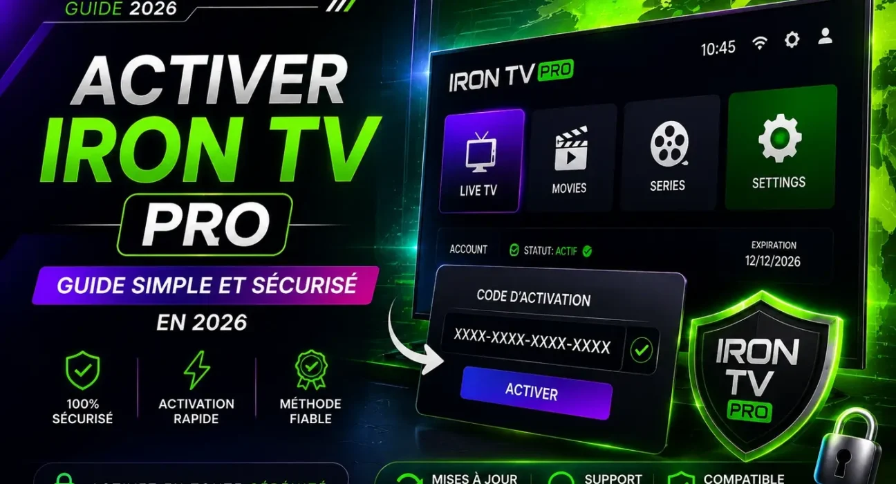 Activer Iron TV Pro guide simple et sécurisé en 2026 avec écran TV moderne, code d’activation et interface premium