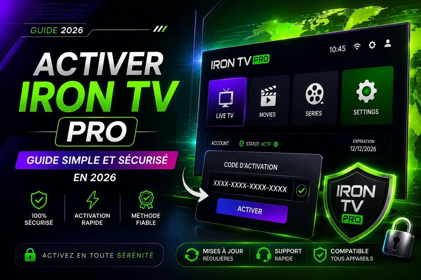 Activer Iron TV Pro guide simple et sécurisé en 2026 avec écran TV moderne, code d’activation et interface premium
