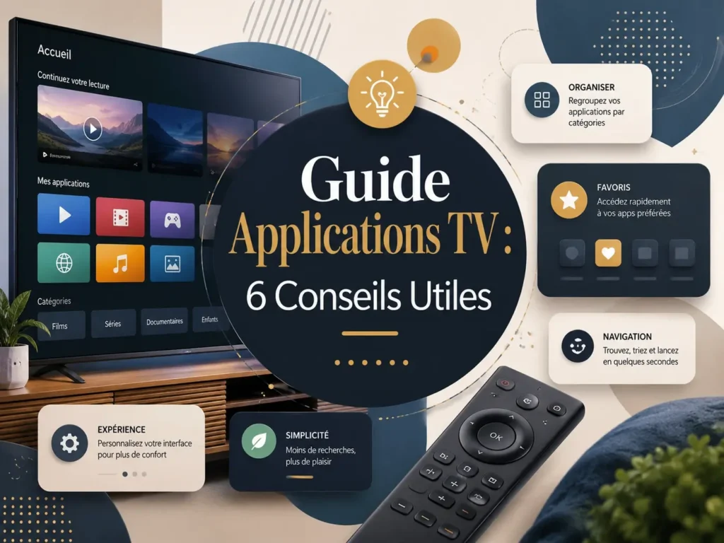 Guide applications TV avec Smart TV moderne, interface multimédia claire et conseils utiles pour une expérience plus simple