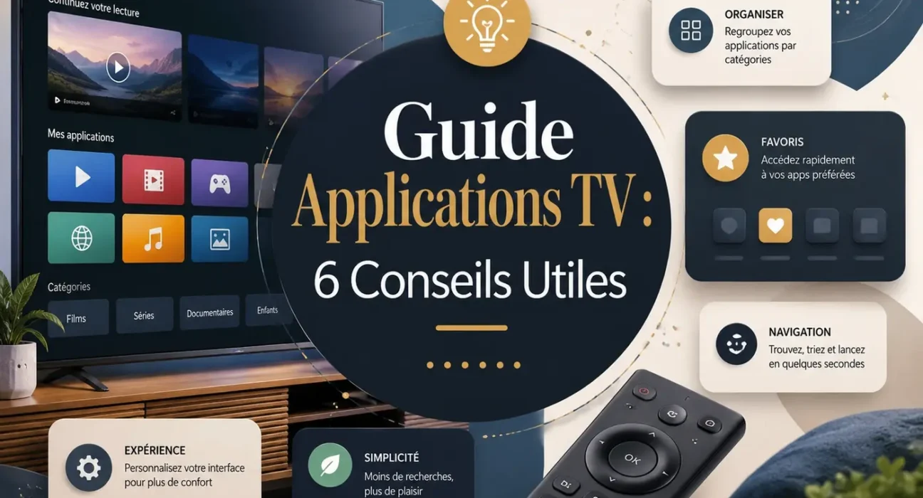 Guide applications TV avec Smart TV moderne, interface multimédia claire et conseils utiles pour une expérience plus simple