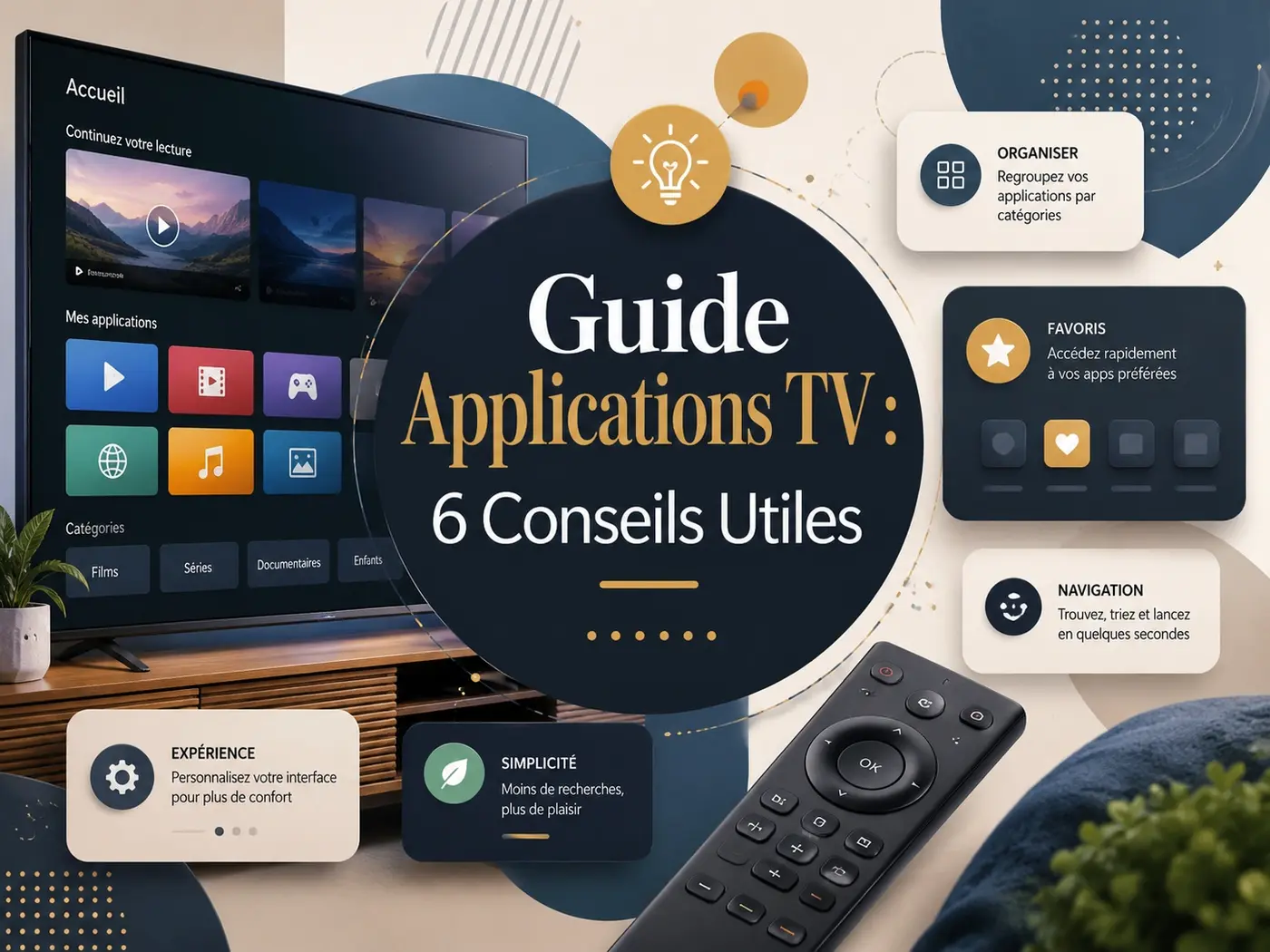 Guide applications TV avec Smart TV moderne, interface multimédia claire et conseils utiles pour une expérience plus simple