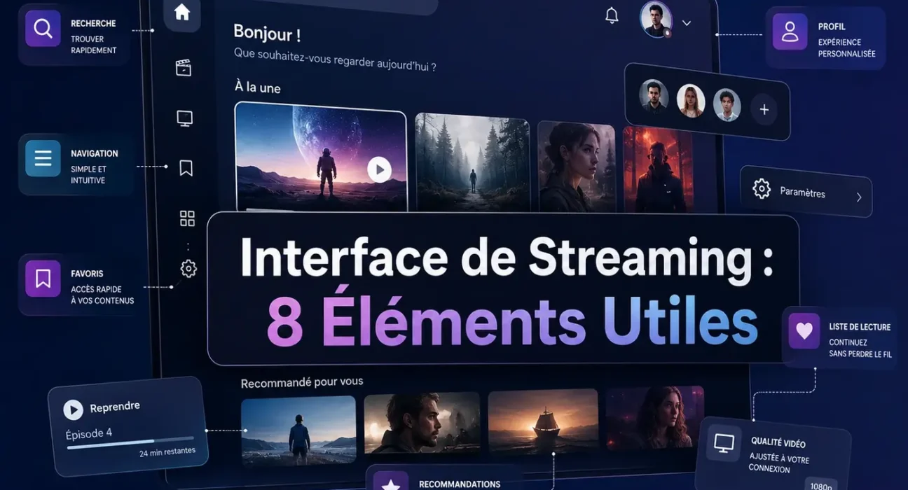 Interface de streaming avec navigation fluide, recherche rapide, favoris et profils utilisateurs sur téléviseur