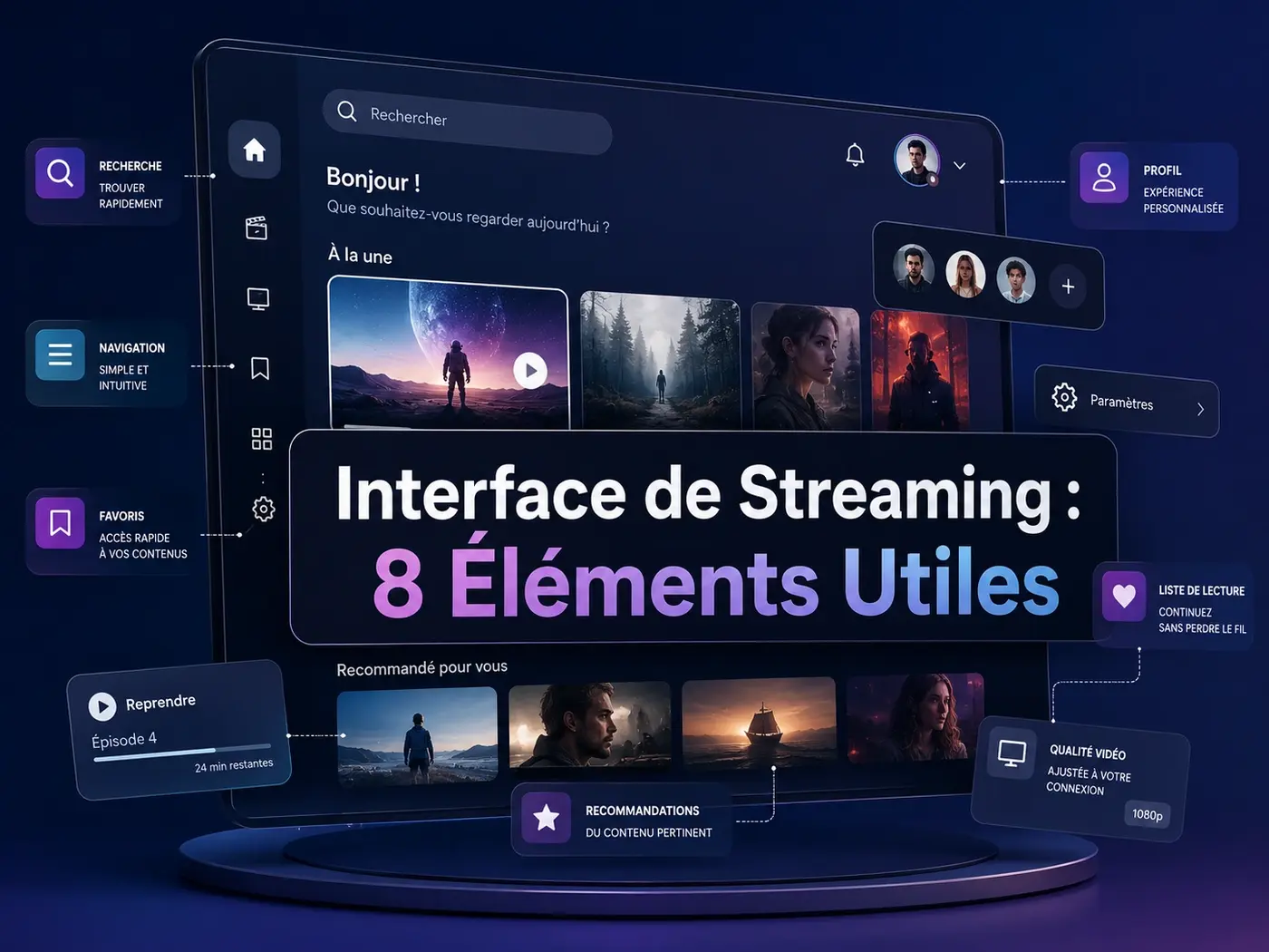 Interface de streaming avec navigation fluide, recherche rapide, favoris et profils utilisateurs sur téléviseur