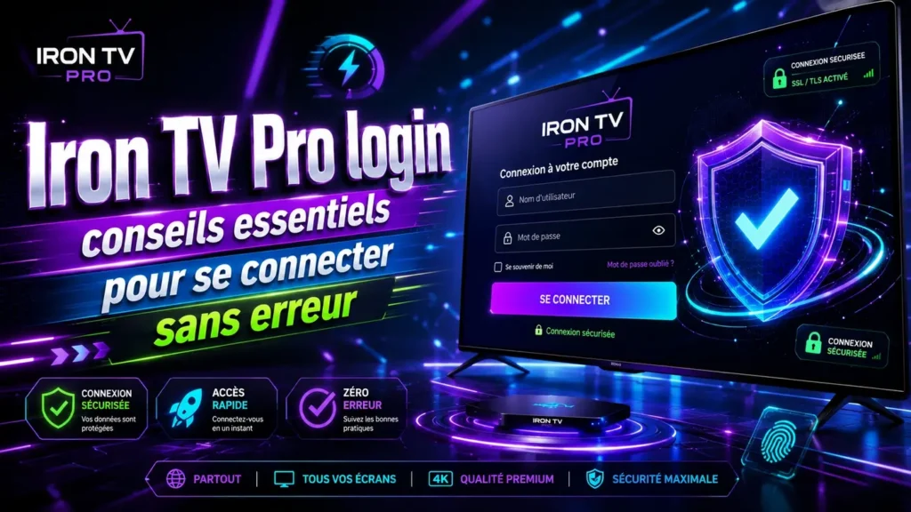 Image professionnelle illustrant Iron TV Pro login avec une interface de connexion sécurisée, des conseils essentiels et une connexion sans erreur.