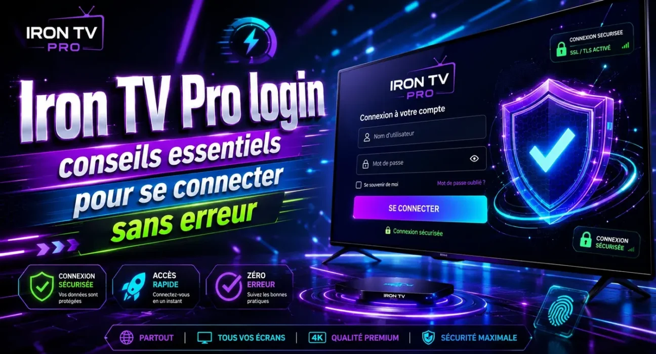 Image professionnelle illustrant Iron TV Pro login avec une interface de connexion sécurisée, des conseils essentiels et une connexion sans erreur.