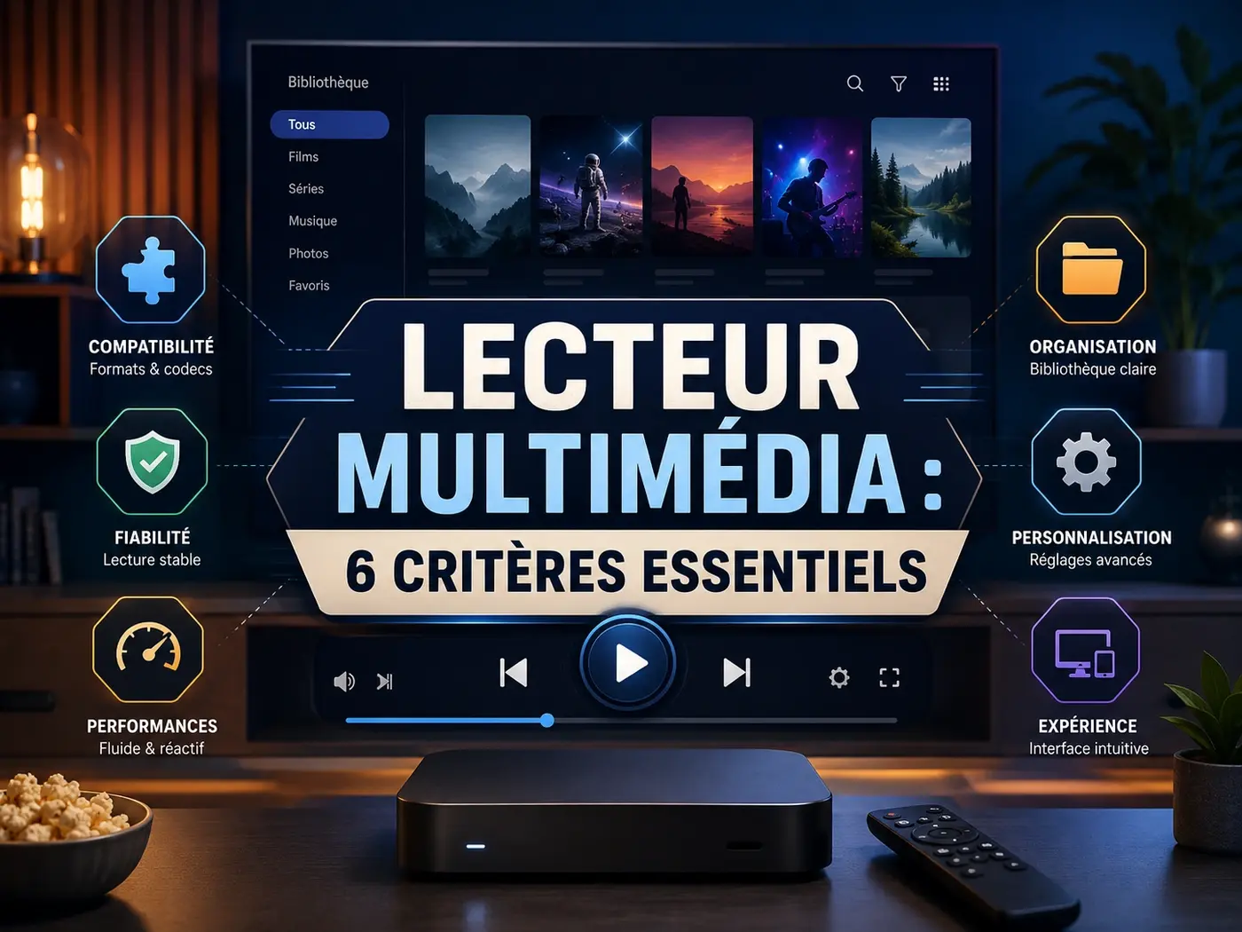 Lecteur multimédia avec interface simple, compatibilité, fiabilité et organisation des contenus sur TV connectée
