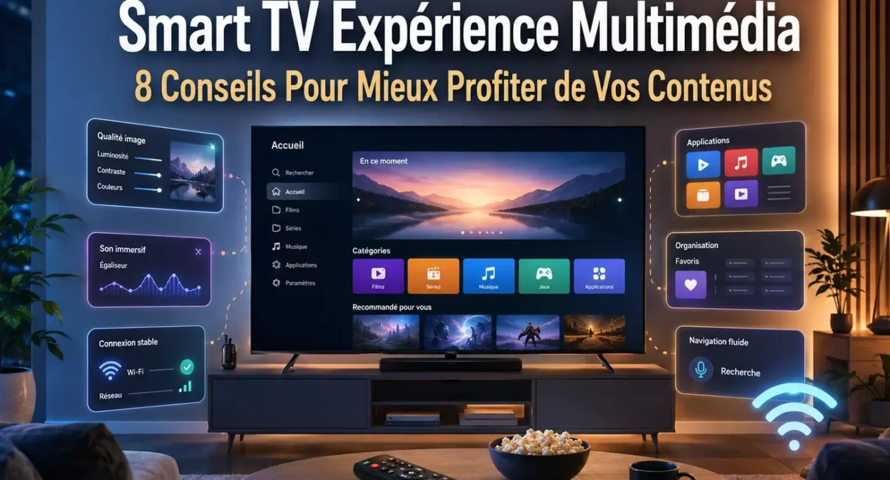Smart TV expérience multimédia avec interface claire, écran moderne et conseils pour une utilisation plus fluide