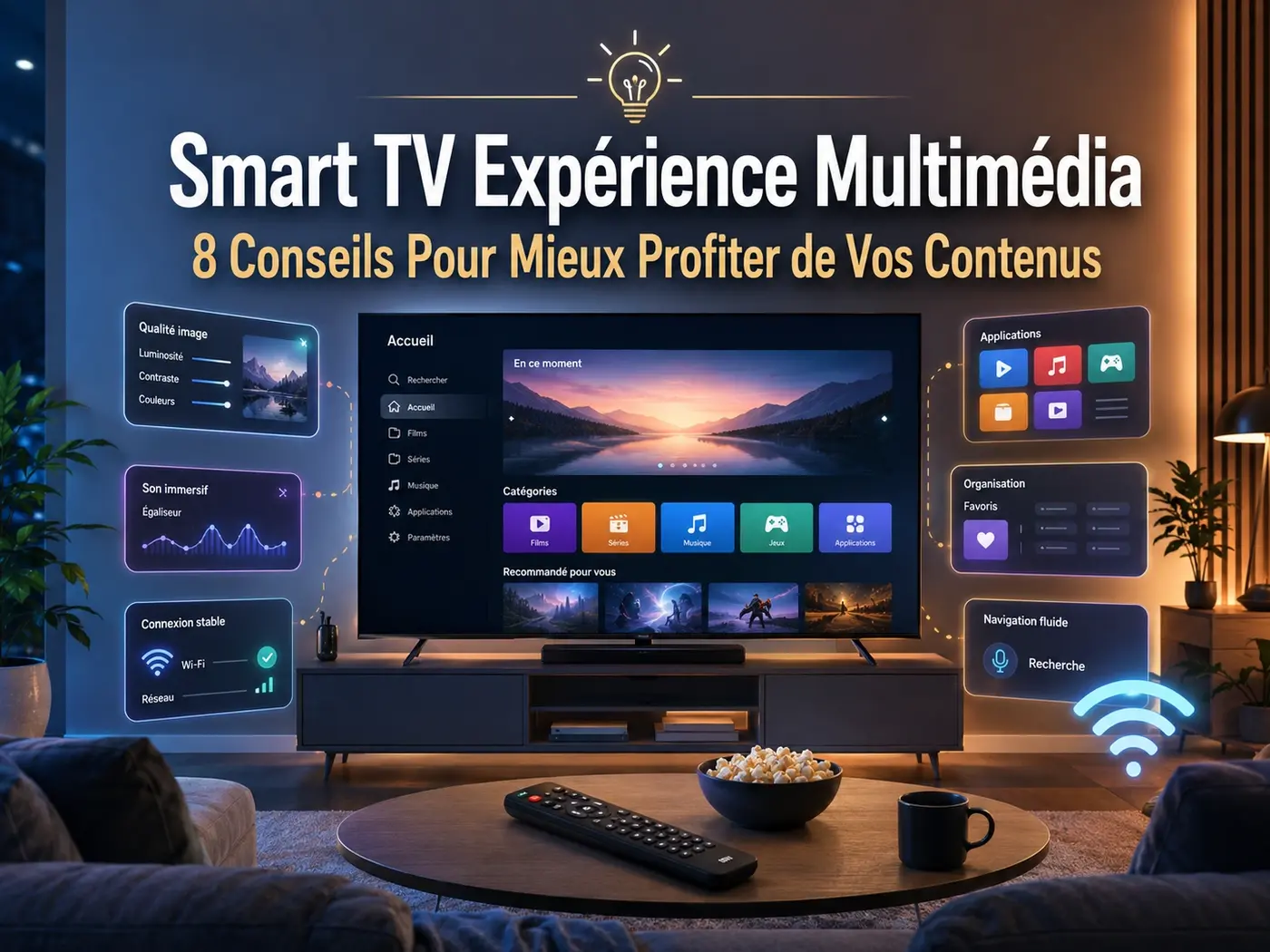 Smart TV expérience multimédia avec interface claire, écran moderne et conseils pour une utilisation plus fluide