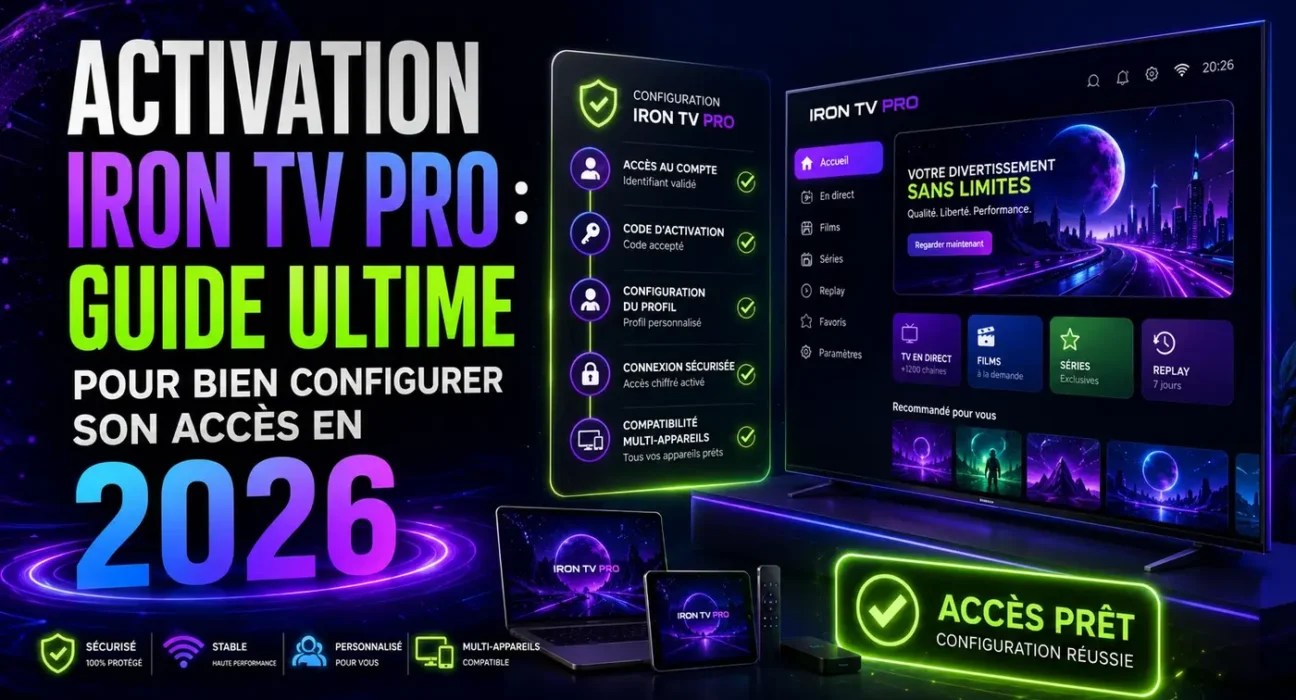 Image Activation Iron TV Pro avec guide ultime pour bien configurer son accès en 2026, code d’activation, profil, connexion sécurisée et compatibilité multi-appareils.