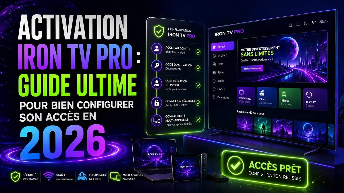 Image Activation Iron TV Pro avec guide ultime pour bien configurer son accès en 2026, code d’activation, profil, connexion sécurisée et compatibilité multi-appareils.
