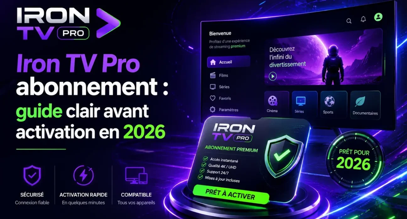 Image professionnelle Iron TV Pro abonnement avec guide clair avant activation en 2026, interface IPTV premium et activation sécurisée.