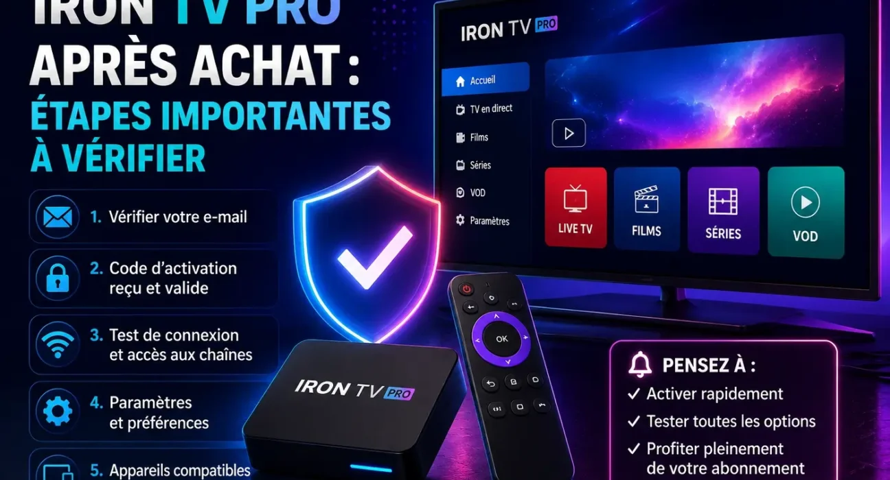 Image Iron TV Pro après achat avec les étapes importantes à vérifier, code d’activation, e-mail, connexion, paramètres et appareils compatibles.