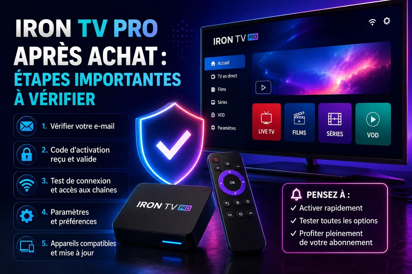 Image Iron TV Pro après achat avec les étapes importantes à vérifier, code d’activation, e-mail, connexion, paramètres et appareils compatibles.