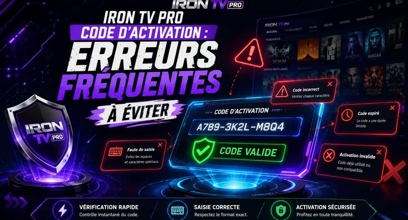 Image Iron TV Pro code d’activation montrant les erreurs fréquentes à éviter, avec panneau de code valide, alertes de saisie et activation sécurisée.