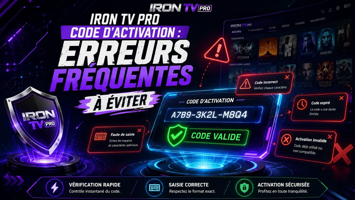 Image Iron TV Pro code d’activation montrant les erreurs fréquentes à éviter, avec panneau de code valide, alertes de saisie et activation sécurisée.