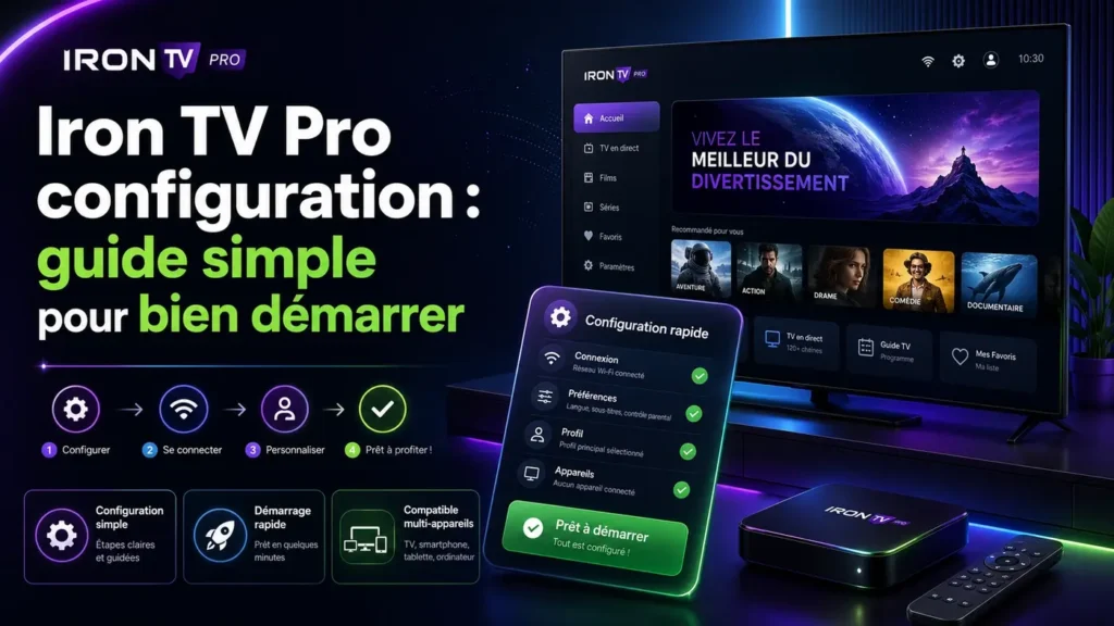 Image Iron TV Pro configuration avec guide simple pour bien démarrer, étapes de connexion, préférences, profil et appareils compatibles.