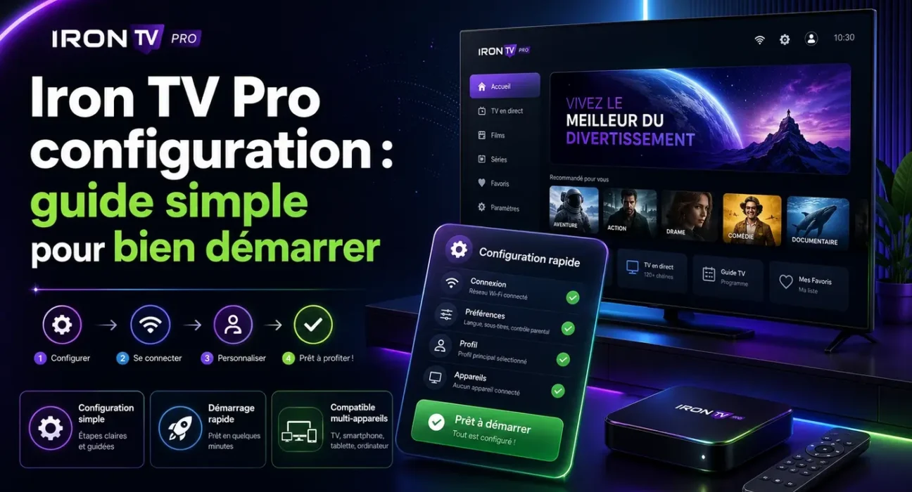 Image Iron TV Pro configuration avec guide simple pour bien démarrer, étapes de connexion, préférences, profil et appareils compatibles.