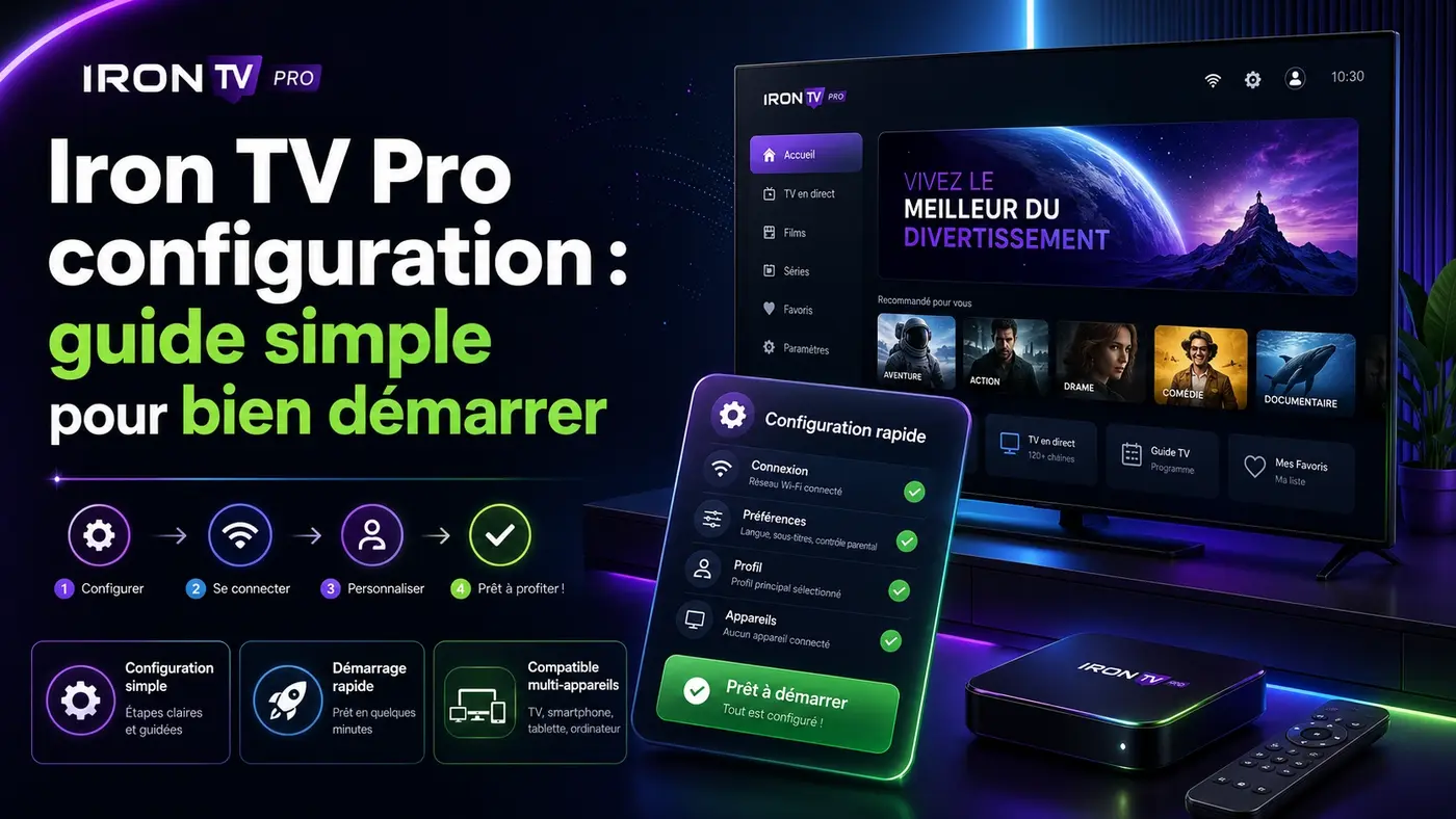 Image Iron TV Pro configuration avec guide simple pour bien démarrer, étapes de connexion, préférences, profil et appareils compatibles.